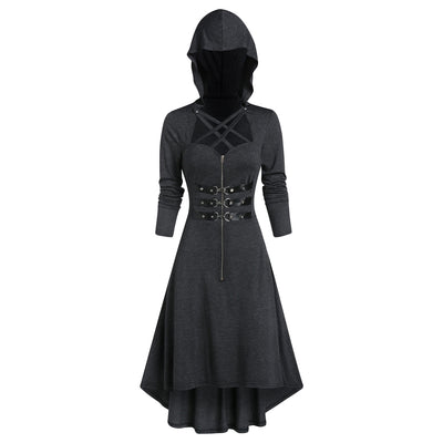 Hooded Strappy Lobster Buckle Strap High Low Gothic Dress - goldylify.com