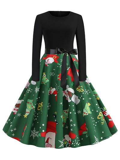 Christmas Tree Snowflake Belted Long Sleeve Dress - goldylify.com