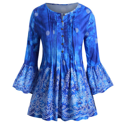 Printed Button Loop Front Pintuck Plus Size Blouse - goldylify.com