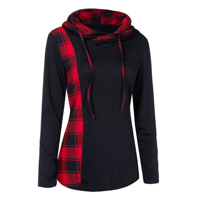 Plaid Panel Drawstring Contrast Pullover Hoodie - goldylify.com