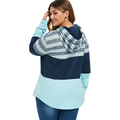 Curved Hem Color Blocking Stripes Plus Size Hoodie - goldylify.com