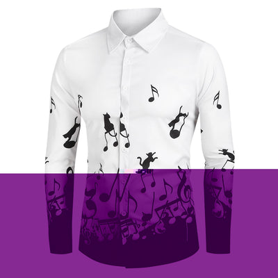 Music Notes and Cat Print Button Up Long Sleeve Festival Shirt - goldylify.com