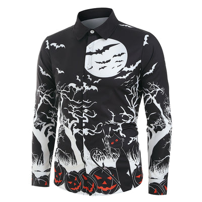 Halloween Night Pumpkins Print Button Up Long Sleeve Shirt - goldylify.com