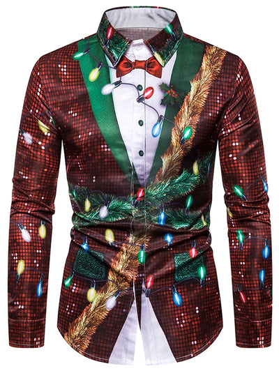 Christmas Faux Sequins Button Up Tuxedo Shirt - goldylify.com