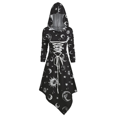 Skull Sun and Moon Lace Up Halloween Hooded Dress - goldylify.com