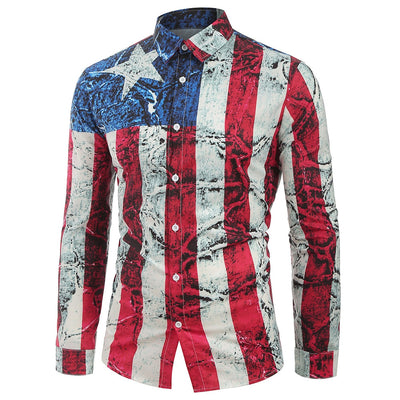 Long Sleeves Distressed American Flag Print Button Shirt - goldylify.com