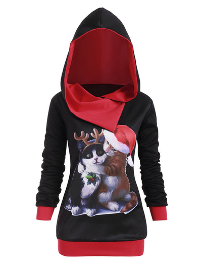 Surplice Hooded Cat Graphic Plus Size Christmas Hoodie