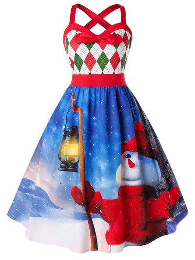 Plus Size Snowman Print High Waist Fit And Flare Dress