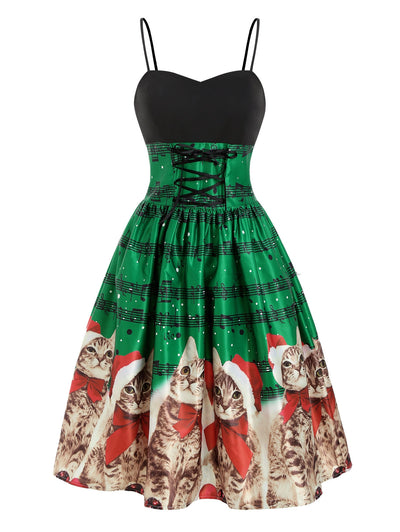 Christmas Cat Musical Note Lace Up Party Dress - goldylify.com