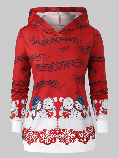 Plus Size Musical Notes Snowman Print Christmas Hoodie