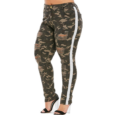 Distressed Camo Piping Plus Size Jeans - goldylify.com