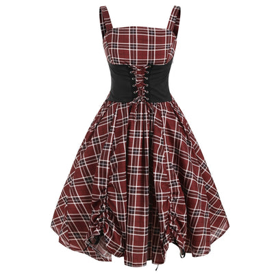 Lace Up Plaid Ruched Tied A Line Dress - goldylify.com
