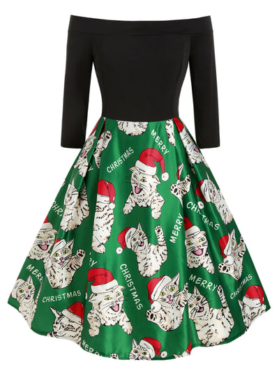 Plus Size Off The Shoulder Cat Print Christmas Dress