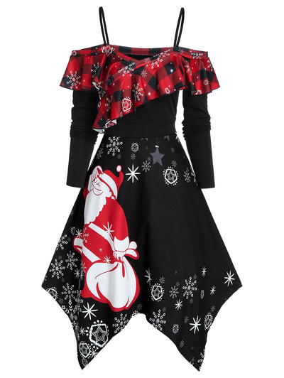 Cold Shoulder Ruffled Santa Claus Print Christmas Dress - goldylify.com