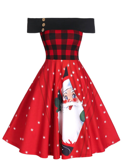 Off The Shoulder Plaid Santa Claus Print Christmas Dress - goldylify.com