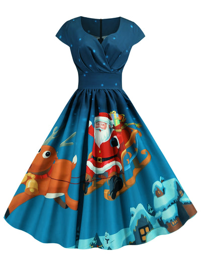 Pleated Christmas Santa Claus Elk Snowman Print Surplice Dress - goldylify.com