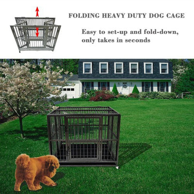 43'' Heavy Duty Dog Cage Strong Folding Metal Crate Kennel and Playpen for Medium and Large Dogs with Double Door Tray and Rolling Wheels - goldylify.com