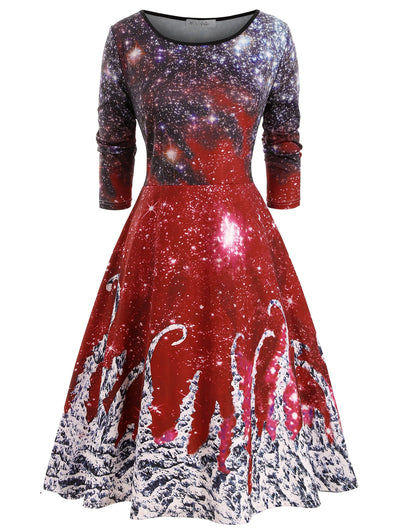 Galaxy Printed Christmas Long Sleeve Plus Size Dress