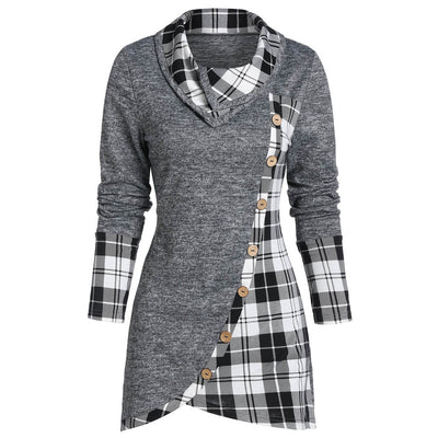 Plaid Print Mock Button Long Sleeve Overlap T-shirt - goldylify.com