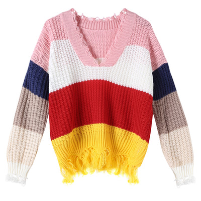 V-neck Sweater Color Blocking for Women - goldylify.com
