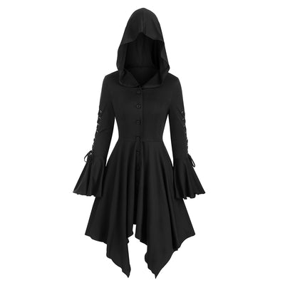 Hooded Lace-up Poet Sleeve Button Up Hanky Hem Skirted Gothic Coat - goldylify.com