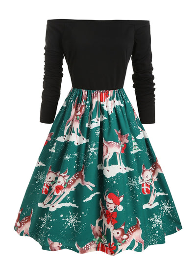 Off Shoulder Snowflake Elk Print Christmas Plus Size Dress