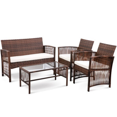4 PC Hollow Stripe Rattan Patio Furniture Set with Tempered Glass Table Top - goldylify.com