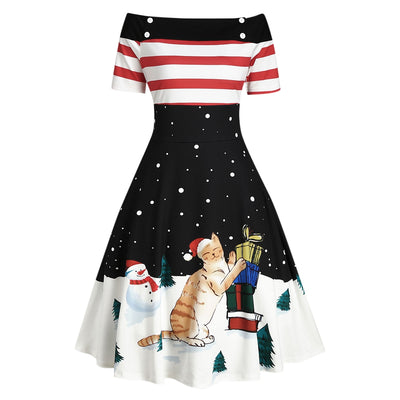 Christmas Tree Snowman Off Shoulder Button Embellished Dress - goldylify.com
