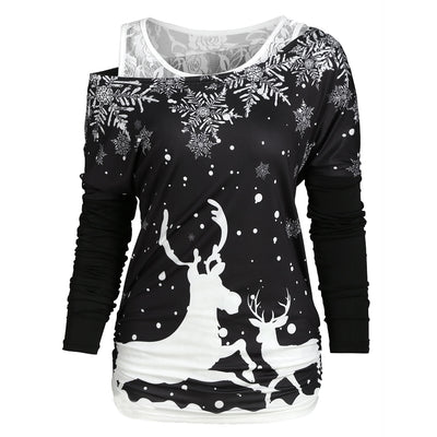 Christmas Elk Snowflake Tee and Lace Tank Top Set - goldylify.com