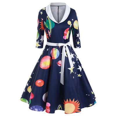 Planet Sun Moon Print Dress - goldylify.com