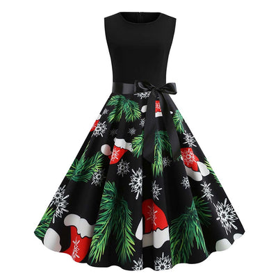 Christmas Tree Hat Snaowflake Print Sleeveless Dress - goldylify.com