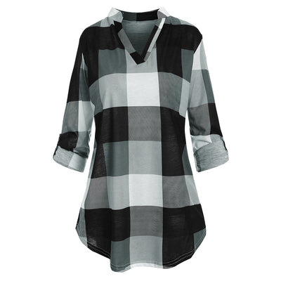Plus Size Roll Up Sleeve Checked Top - goldylify.com