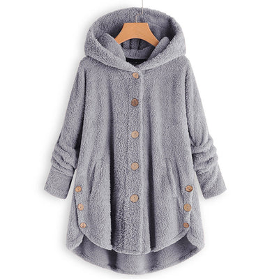Plus Size Faux Shearling Buttons Hooded Coat - goldylify.com