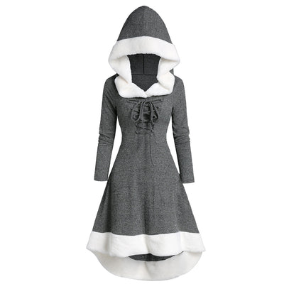 Plus Size Hooded Faux Fur Panel Lace Up Marled Knit Dress - goldylify.com