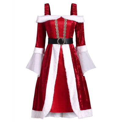 Christmas Cold Shoulder Flare Sleeve Velvet Party Dress - goldylify.com