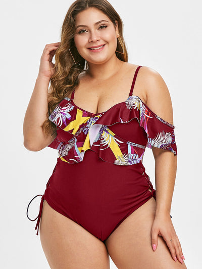 Plus Size Palm Print Lace Up Ruffled One-piece Swimsuit