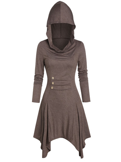 Hooded Button Ruched Handkerchief Casual Dress