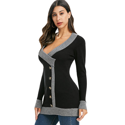 Plunging Mock Button Colorblock Sweater - goldylify.com
