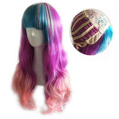 Mixed Color Long Curly Wavy Wig with Full Bangs - goldylify.com