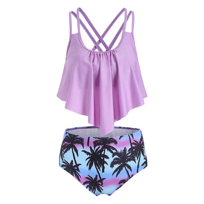 Coconut Palm Crisscross Flounce Overlay Tankini Swimwear - goldylify.com