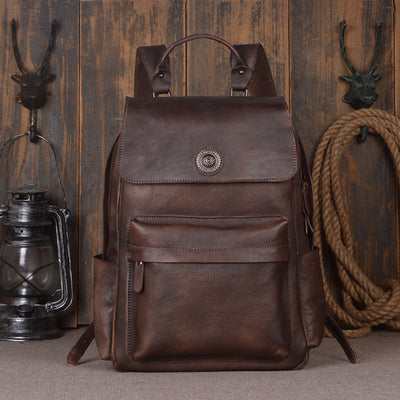 European and American fashion retro hand brush color backpack tanning leather men travel large backpack wholesale - goldylify.com