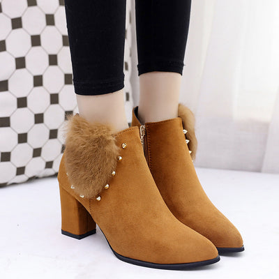 Autumn and winter women's short boots new pure color rivets decorating maomo boots with Martin boots and high heels - goldylify.com