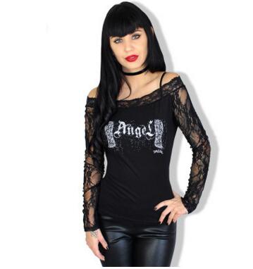 Women T-shirts Sexy Slash Neck Off Shoulder Tee Shirt Long Sleeve Lace Stitching Angel Wings - goldylify.com