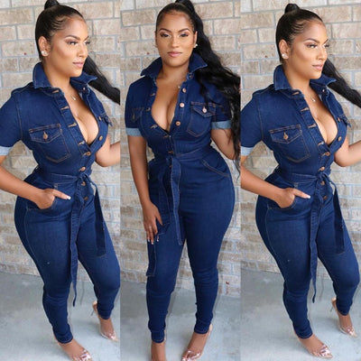 Winter Women  Denim Jeans Jumpsuit Long Sleeve Tights Belt Jumpsuit Sexy Club Night One-point Pants Jumpsuit