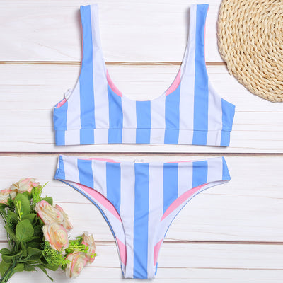 Women Sexy Swimsuit Scoop Neck Backless Stripe Female Bikini Set Summer Beach Bathing Suit Push Up Swimwear Biquinis - goldylify.com