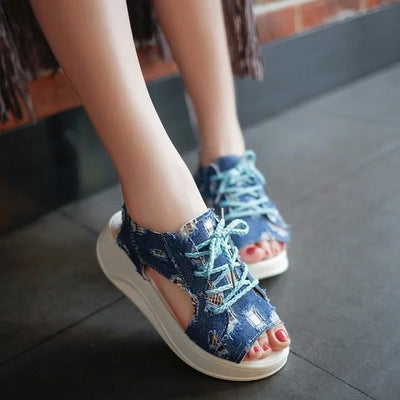Student sandals 2020 spring Korean Edition fish mouth shoes denim thick bottom girl lace up and sponge cake ladies shoes - goldylify.com