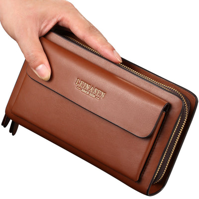 LEINSEN mobile phone leather handbag bag business men bag zipper hand bag purse derivative one generation - goldylify.com