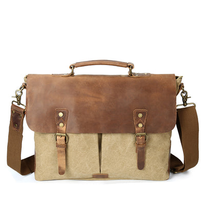 The source document man satchel Canvas Bag Shoulder Handbag retro computer with crazy horse leather bag - goldylify.com