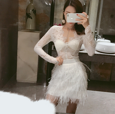 Sexy perspective lace shirt bag hip high waist stitching ostrich hair half skirt two-piece - goldylify.com