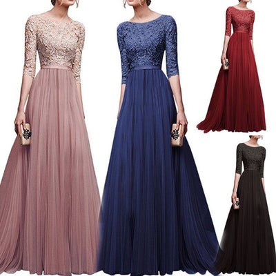 New Women's Party Dresses Autumn and winter half sleeves lace appliques prom gowns chiffon sweep train long dress